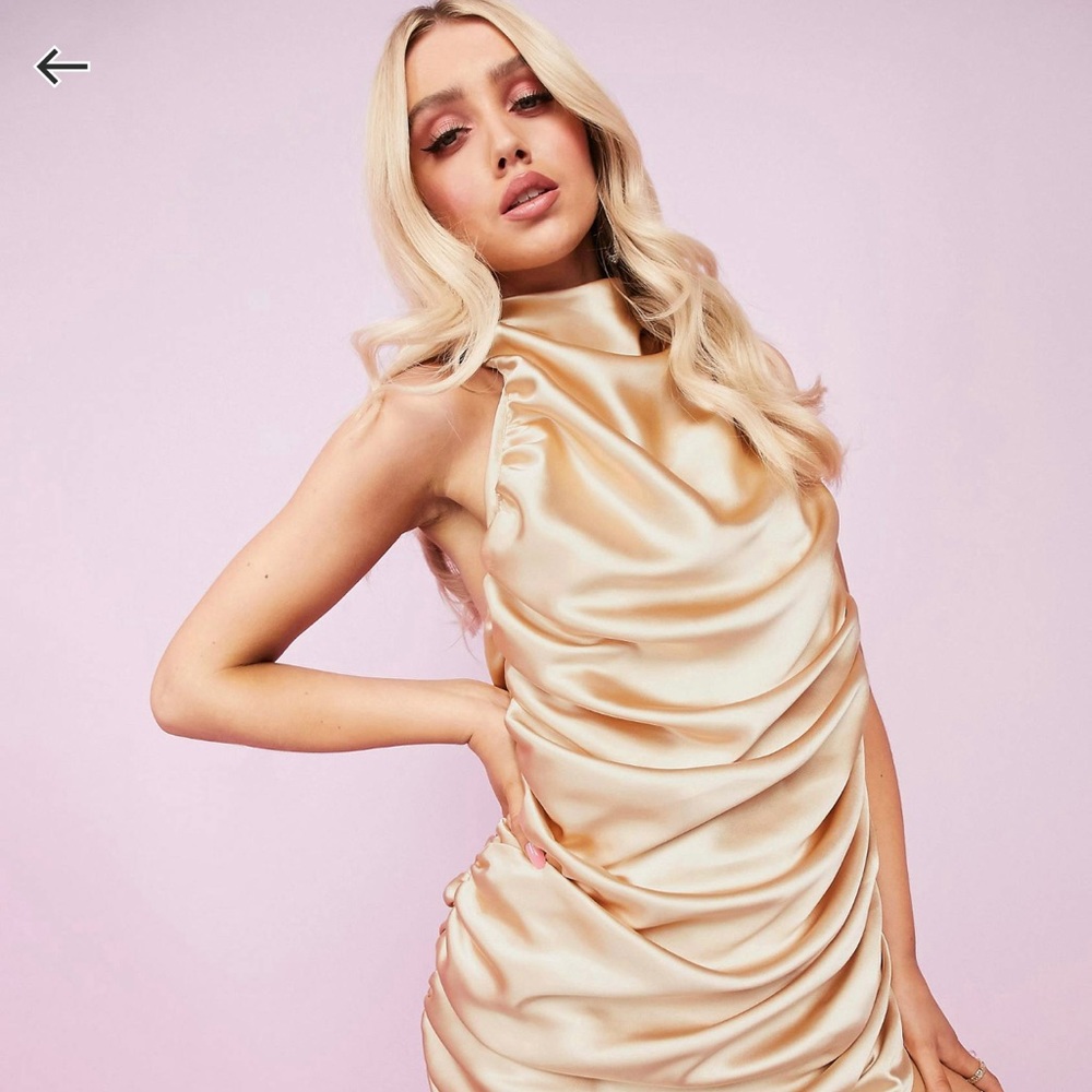 ASOS Design Luxe super ruched halter premium satin dress with bow back